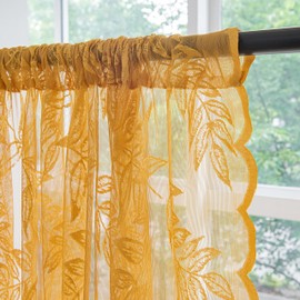 Sutuo Home Gold Lace Curtains 63 Inches Long, Leaf Embroidery Window Sheer Drapes Pair Knitted, Rod Pocket Vintage Country Window Treatments Set of 2 Panels for Bedroom Living Room, 57" W x 63" L