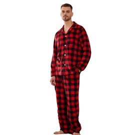 Vulcanodon Mens Pajama Set Soft Button Down Classic Lapel Comfy Long Sleeve Pajamas for Men Lounge Plaid Pjs Set with Pockets(Buffalo Plaid-Red,M)