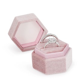 Flexzion Velvet Ring Box - 2-Slot Hexagon Ring Case for Wedding Engagement Ring Box Bridal Photo - Luxurious Velvet Display Ring Box for Proposal, Pink