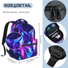Cool Blue Perple Space Galaxy Wolf Backpack School Bag For Kids Girls Boys Middle Animal Print Lightweight Full Print School Bookbag For Teens Child Back Kindergarten Elementary Travel Rucksack