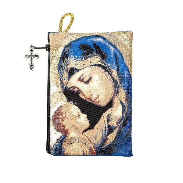Intercession Hand-Woven, Lined Madonna and Child Rosary Pouch, Made in Turkey with Premium Metallic Thread (Blue - Large)