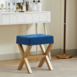 LVHOMLAX Square Makeup Stools,Fabric Small Ottoman Seat Solidwood X-Leg,18''-Vanity Stool of with Metal Rivets,Modern Padded Multi-Use for Bedroom,Makeup Room,Living Room,Sky Blue+Champagne Golden