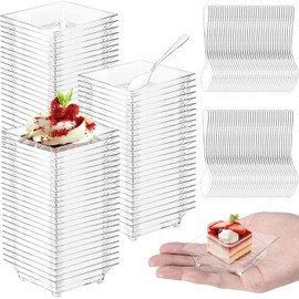 KAHEIGN 100Pcs Plastic Appetizer Plates with Spoons, 6CM Square Dessert Tasting Dishe Clear Parfait Appetizer Bowls Reusable Serving Plates for Dessert Appetizers Sample Party (6cm x 1.5cm)