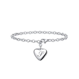 LSxAB Women Girls Heart Initial S Letter Charm Bracelets 26 Letters Alphabet Stainless Steel Chain Wristband Bracelet Men's Birthday Gifts 7" Adjustable