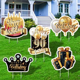90th Birthday Yard Sign Decorations, 5 Pcs Sturdy Yard Sign Birthday Decorations Interesting Birthday Yard Signs with Stakes for Birthday Party Lawn Outside Yard (Black, Gold)