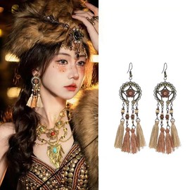 fdsmall Retro Feather Drop Earrings Faux Feather Earrings Bohemian Fringe Earrings Tassel Dangle Earrings Feather Earrings with Leaf and Rope Pendant and Round Dream Catcher Earrings, Alloy Steel, No