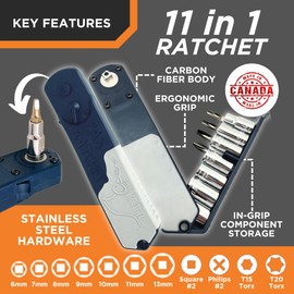 KELVIN Tools Compact Ratchet - Right Angled Ratchet Socket and Screwdriver Set - Mini Pocket Ratcheting Socket Set and Screwdriver, 90 Degree for Tight Spaces, 11 in 1 Impact, Black