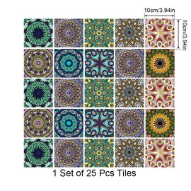 25 PCS Mandala Style Tile Sticker, 4x4 Inch(10x10cm) Traditional DIY Murals, Tile Waterproof Oil Proof Removable Decals for Bathroom & Kitchen Backsplash Oil Proof Wall Stickers (MZ-2-102)
