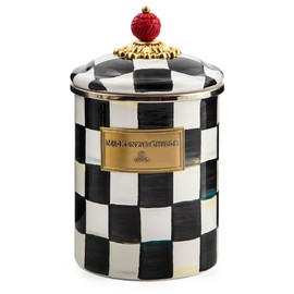MACKENZIE-CHILDS Enamel Canister, Versatile Kitchen Storage Container for Flour and Sugar, Medium, 48-Ounce Capacity, Black-and-White Courtly Check