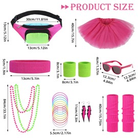 wocharm 80s Outfits Costume Accessories for Women- 80s Fanny Pack, Tutu Skirt Women Neon Leg Warmers Headband Wristband Necklace for Cosplay Retro Theme Party(Rose Red)