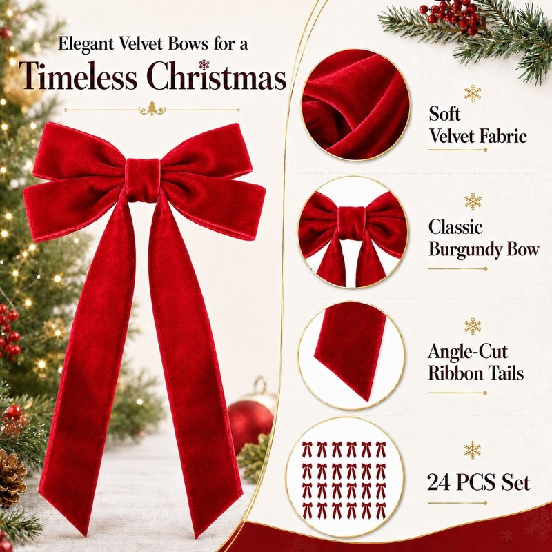 Red Velvet Christmas Tree Bows, 24 Pack, 5.1 x 10.2