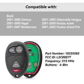 Keyless Entry Remote Car Key Fob for Buick Century Regal Rendezvous, Oldsmobile Intrigue, Pontiac Aztek Grand Prix 2001 2002 2003 2004 2005 2006 2007 Remote Key L2C0007T 10335582 (Pack of 2)