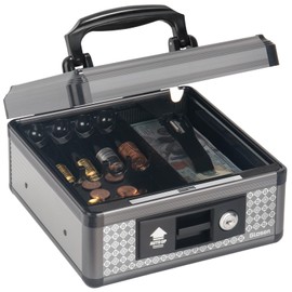 Glosen Cash Box with Lock, Money Box with Key Lock & Removable Coin Tray 8.46 * 5.3 * 8.46 inch (Black, Small)