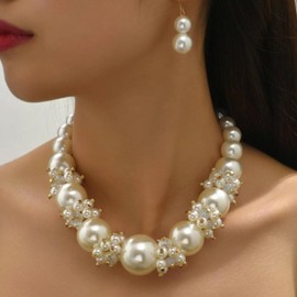 KummerSaprk Pearl Necklace and Earring Set Pearl Wedding Jewelry Set for Women Chunky Pearls Choker Necklaces Stud Earrings Bride Bridesmaid Wedding Jewelry Gifts