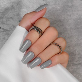 KQueenest Dark Grey Press On Nails Medium Long Square - Acrylic Press On Nails with Glue, Coffin Fake Nails Press ons, Glossy Opaque Stone Grey, Reusable Soft Gel Glue on Nails for Women, 24 Pcs