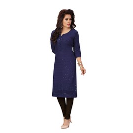 Ladyline Rayon Hakoba Chikhan bordado y lentejuelas Kurti para mujer, túnica india Kurta, Azul marino-2, M