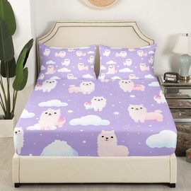 Feelyou Cartoon Llama Sheets Cute Alpaca Bedding Set Kids Girls Bed White Clouds Bed Sheets Tropical Animals Sheets Set with 2 Pillowcases 4Pcs Bedding Full,1 Fitted Sheet+2 Pillow Sham+1 Flat Sheet