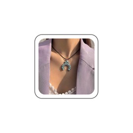 Zeshimb Boho Turquoise Choker Necklace Turquoise Beaded Geometric Pendant Necklace Black Wax Rope Cord Turquoise Crescent Necklace Ethnic Jewelry for Women and Girls, Zinc, No Gemstone