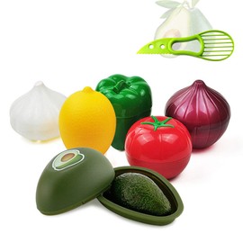 Classic Food Savers, Set of 6 - Vegetable Shaped Protectors - Avocado, Onion, Pepper, Garlic, Lemon, Tomato - Reusable Hard Plastic Container Bowl with Tight Seal