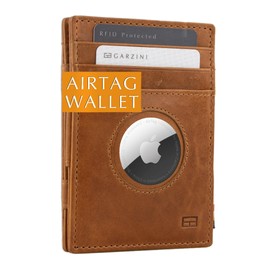 GARZINI Magic AirTag Wallet, Mens Wallet with Airtag Holder, Minimalist Wallet with RFID card holder, Leather Wallet for 10 cards, Brushed Cognac