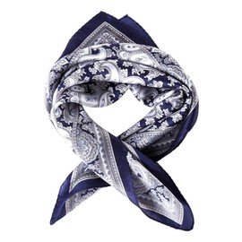 JWSilk 100% Silk Neckerchief Small Square Silk Scarf (Navy Paisley)