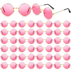 Kanayu 24 Pair Hippie Sunglasses Vintage 70s Circle Sunglasses for Women Men Hippie Party Decorations Retro Round Sun Glasses (Pink)