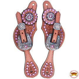 HILASON Western Leather Spur Straps Brown Floral Crystals Bling Pink