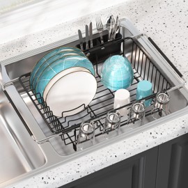JASIWAY Dish Drying Rack in Sink, Over The Sink Colander Strainer Basket, Stainless Steel Strainer Basket with Expandable Rubber Grip Handles for Vegetables, Fruits, Home Kitchen Essentials, Black