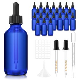 Bumobum 24 Pcs, 2 oz Blue Glass Eye Dropper Bottles with 2 Extra Measued Dropper, 1 Funnel, 1 Pipette, 40 Labels - 60ml Leakproof Travel Bottles for Essential Oils, Perfume, Hair Oil, Liquids