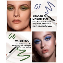 Matte Eyeliner Pencil, Blue & Green Eyeshadow Eye Liner Pencil, Waterproof Long-Wear Highly Pigmented Gel Eyeliner Pen Eyeshadow Stick With Brush, Fade-Proof Blendable Color Smokey Cat Eye Makeup-1+6