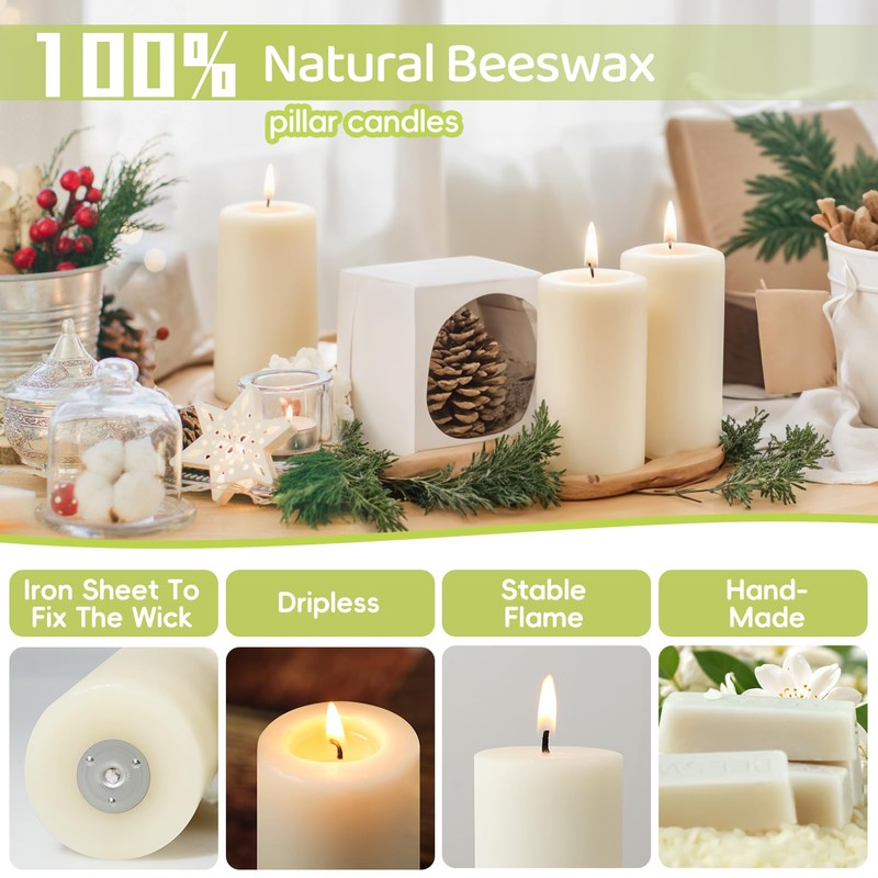4 Pack Beeswax Pillar Candles,172 Hours Long Burning Pure Off-White