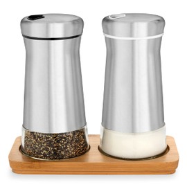 Salt and Pepper Shakers set with Adjustable Pour Holes - Elegant Stainless Steel Spice Dispenser - Perfect for Himalayan, Table Salt, White and Black Pepper (Salt & Pepper Shakers Set + Bamboo Stand)