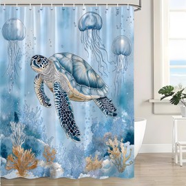 CWHCWA Sea Turtle Shower Curtain Teal Blue Ocean Beach Coastal Nautical Jellyfish Ocean Animal Coral Beach Underwater Marine Life Bath Curtain with Hooks
