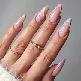 False Nails for Sticking, Rainbow Press On Nails Almond Long French Nails for Sticking Long for Women and Girls (Pack of 24)