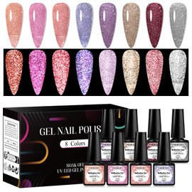 Four Lily Reflective Glitter Gel Nail Polish Set of 8 Colors Pink Pink Brown Shimmer Sparkle Gel Polish Collection Kit LED Soak Off Nail Polish Manicure Art Gel Kit Home DIY Nail Salon