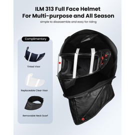 ILM Full Face Motorcycle Street Bike Helmet with Removable Winter Neck Scarf + 2 Visors DOT Model ILM-313 (S, Gloss Black)