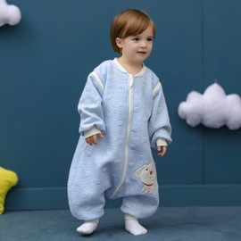 MIKAFEN Baby Sleeping Bag, Children's Long Sleeve Winter Sleeping Bag, Dog Pattern, Cotton Sleeping Bag with Feet, for Boys, Girls, All-Year Pyjamas, S – 80 cm, 0–16 Months, Blue