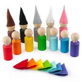Ulanik Small Peg Dolls with Hats Toddlers Montessori Toys for 3+ Year Olds Baby Waldorf Dolls Wooden Games for Learning Colour Sorting and Counting — 12 Gnomes