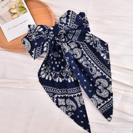 Ethnic Boho Hair Bow Barrettes Large Navy Blue Bandana Satin Bow Hair Clips with Long Tail Ribbon Ponytail Holders Rural Vintage Hair Accessories Headwear for Women