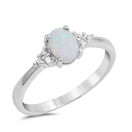 Oval Lab Created White Opal & Round Cubic Zirconia .925 Sterling Silver Ring Size 6