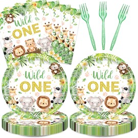 48pcs Wild One Party Decoration Set,16 Dessert plate,16 Napkin And 16 Fork,Safari Jungle Disposable tableware for 16 persons,Used for Boys First 1st Party Supplies