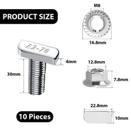 Wavanta 10Pcs M8 T Slot Drop-in Bolts, M8 x 30mm Hammer Head Bolts, Stainless Steel T Bolt Set with Locking Nuts for Aluminum Extrusion Profile Photovoltaic Solar Mounting