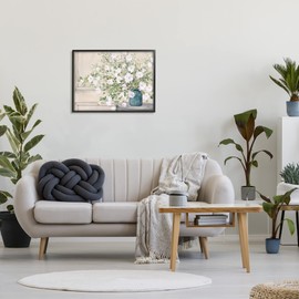 Stupell Industries Geranium Tabletop Country Still Life Painting Blooming Flowers, Designed by Julia Purinton Black Framed Wall Art, 30 x 24, Beige