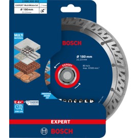 Bosch 1 x Expert MultiMaterial Diamond Cutting Discs (for Concrete, Reinforced Concrete, Diameter 180 mm, Professional Accessories Large Angle Grinder)