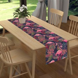 Camino de mesa de flamenco tropical, Hawaii, flores de temporada, primavera, verano, verde, hojas de palma, día festivo, celebración, cocina, mesa de comedor, decoración para el hogar, fiesta, 13 x 72