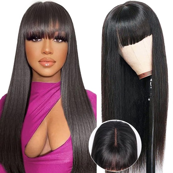 Beluck 71 cm Wig Women's Straight Human Hair Wig with Bangs, 2 x 4 Lace Front Wig Human Hair for Black Women, Wear And Go Glueless Wig Human Hair Wig Black Long with Fringe 180% Density