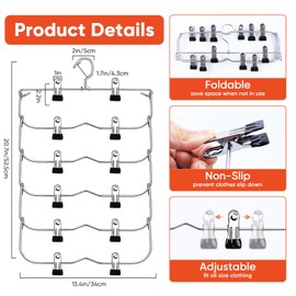 Trouser Hangers, Skirt Hangers with Clips, 2 Pack Space Saving Hangers with Adjustable Non-Slip Clips Metal Hanger, Travel Hanger with Collapsible Srage for Coat Garment Jeans, Skirts, Scarves