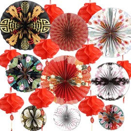 Lovarywow Japanese Hibachi Party Decorations, 18PCS Japanese Style Paper Fans Lanterns Hanging Decor, Asian Chinese Baby Shower Wedding Birthday Party Supplies