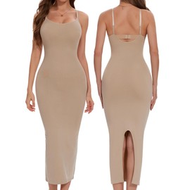 Lynclare Shapewear Slip Dress for Women Tummy Control Full Slip for Under Dresses Nude Slip Dress Back Slit Long Dress S