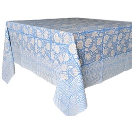 ATOSII Azora Blue 100% Cotton Rectangle Summer Tablecloth, Handblock Floral Table Cloth for Dining Table I Parties Wedding Outdoors I Grand Millennial Decor 60 X 108 Inches I 8 Seater Memorial Day